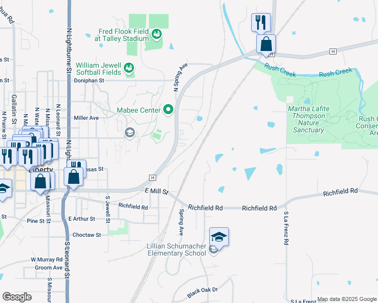 map of restaurants, bars, coffee shops, grocery stores, and more near 915 Highway H in Liberty