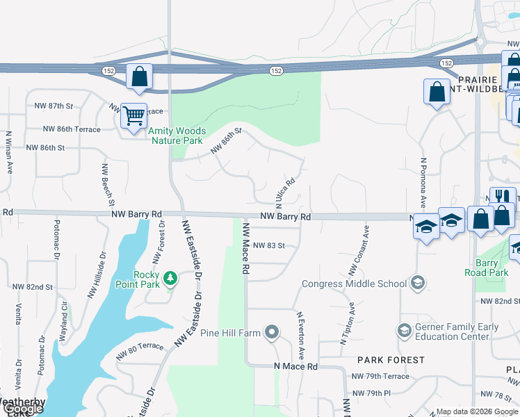 map of restaurants, bars, coffee shops, grocery stores, and more near 8713 Northwest 85th Terrace in Kansas City