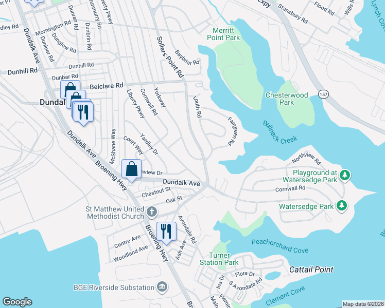 map of restaurants, bars, coffee shops, grocery stores, and more near 3461 Yorkway in Dundalk