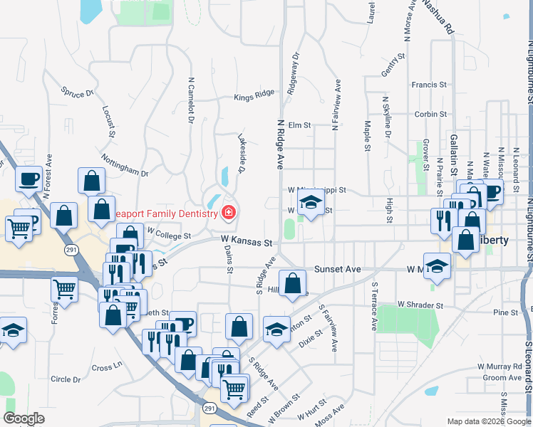 map of restaurants, bars, coffee shops, grocery stores, and more near 29 Virginia Drive in Liberty