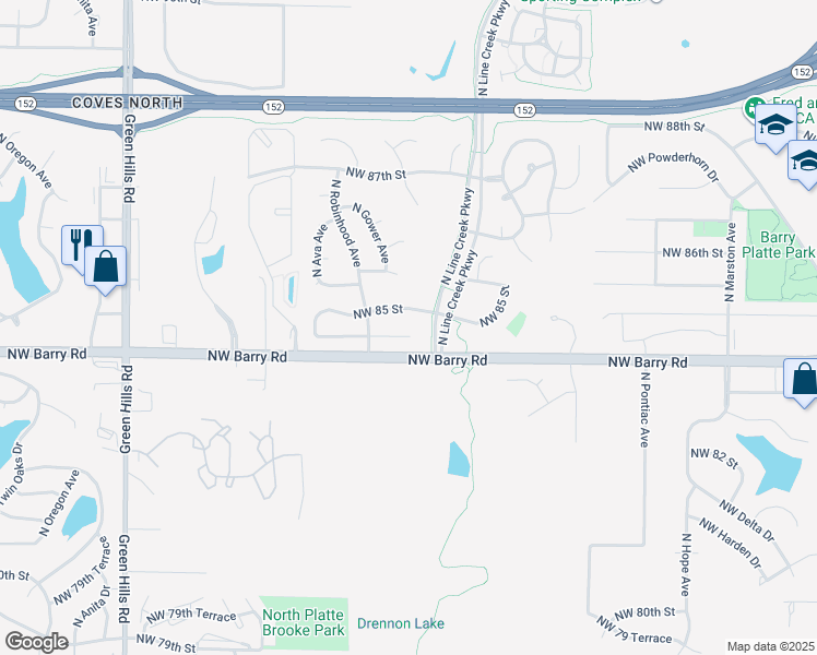 map of restaurants, bars, coffee shops, grocery stores, and more near 3308 Northwest 84th Terrace in Kansas City