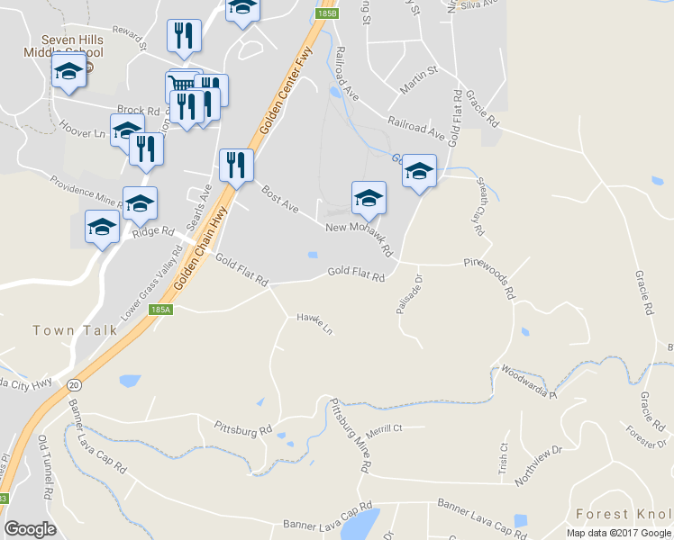 map of restaurants, bars, coffee shops, grocery stores, and more near Gold Flat Road in Nevada City