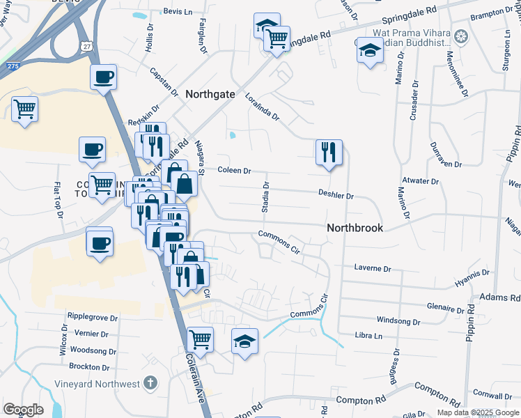 map of restaurants, bars, coffee shops, grocery stores, and more near 3303 Ainsworth Drive in Cincinnati