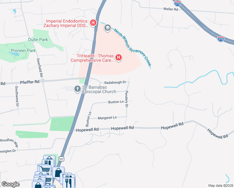map of restaurants, bars, coffee shops, grocery stores, and more near 10399 Birkemeyer Drive in Cincinnati