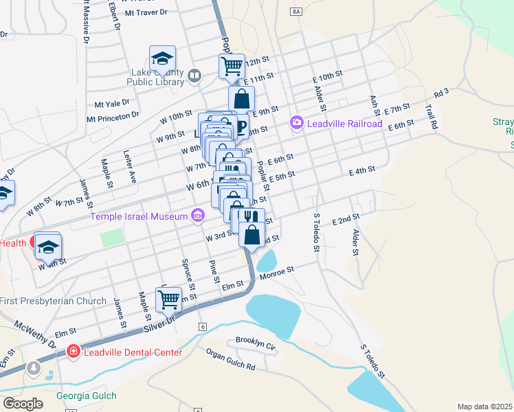 map of restaurants, bars, coffee shops, grocery stores, and more near 131 East 4th Street in Leadville