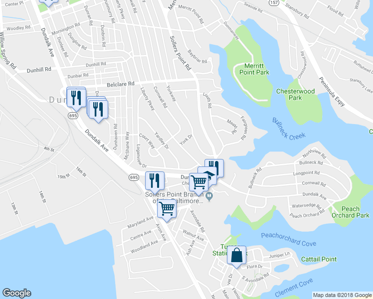 map of restaurants, bars, coffee shops, grocery stores, and more near 3453 Liberty Parkway in Dundalk