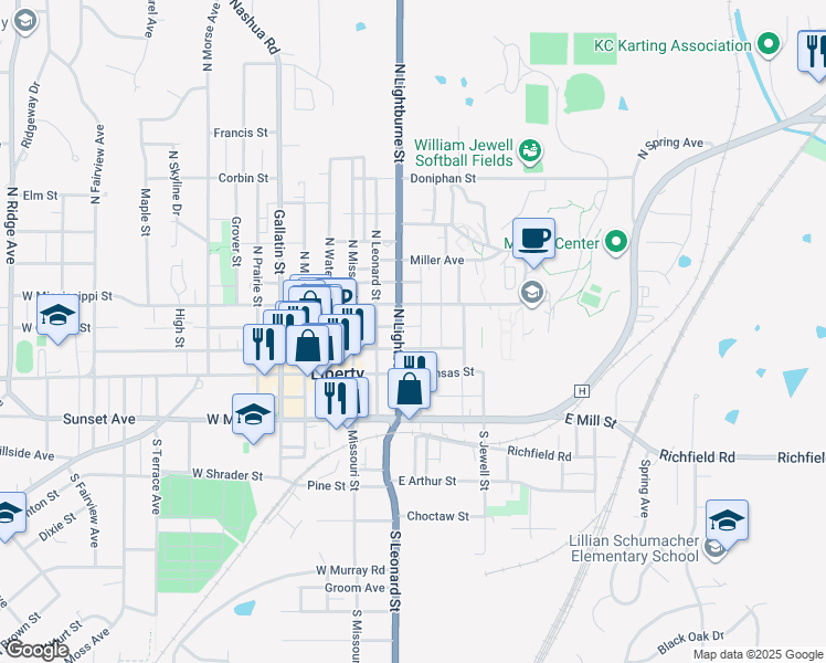 map of restaurants, bars, coffee shops, grocery stores, and more near 408 East Franklin Street in Liberty