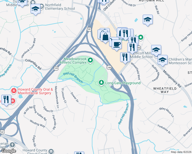 map of restaurants, bars, coffee shops, grocery stores, and more near 5001 Meadowbrook Lane in Ellicott City