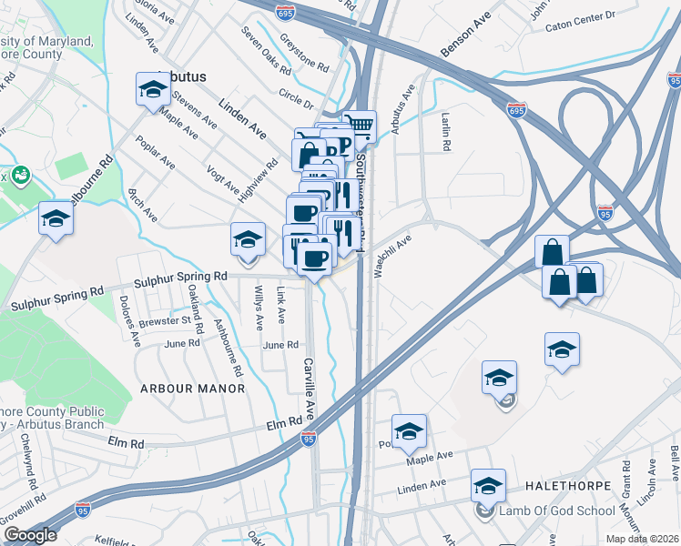 map of restaurants, bars, coffee shops, grocery stores, and more near 1407 Sulphur Spring Road in Halethorpe