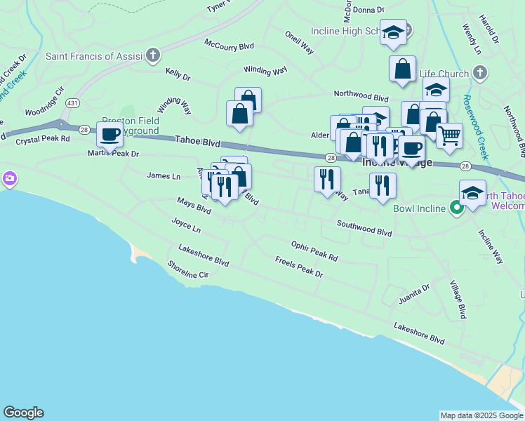 map of restaurants, bars, coffee shops, grocery stores, and more near 801 Southwood Boulevard in Incline Village