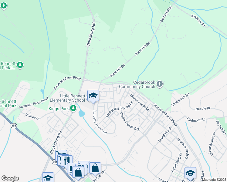 map of restaurants, bars, coffee shops, grocery stores, and more near 23900 Catawba Hill Drive in Clarksburg