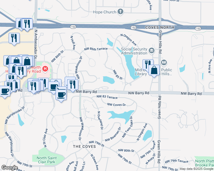 map of restaurants, bars, coffee shops, grocery stores, and more near 8430 North Overland Court in Kansas City