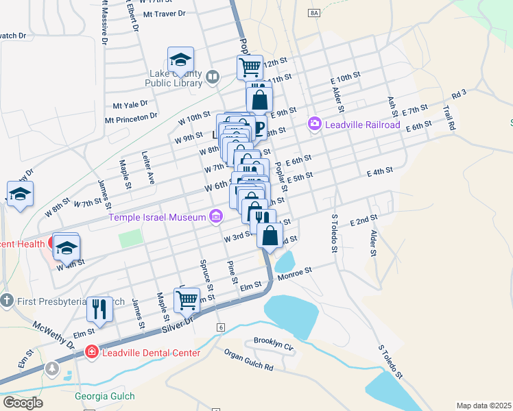 map of restaurants, bars, coffee shops, grocery stores, and more near 400 Harrison Avenue in Leadville