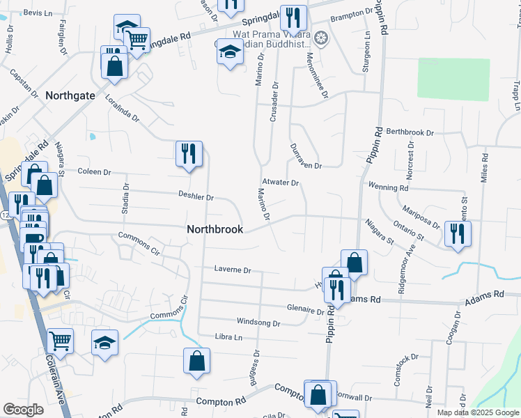 map of restaurants, bars, coffee shops, grocery stores, and more near 9735 Marino Drive in Cincinnati