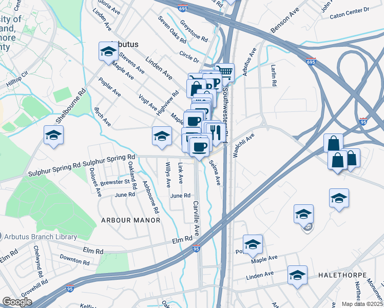 map of restaurants, bars, coffee shops, grocery stores, and more near 1332 Sulphur Spring Road in Arbutus