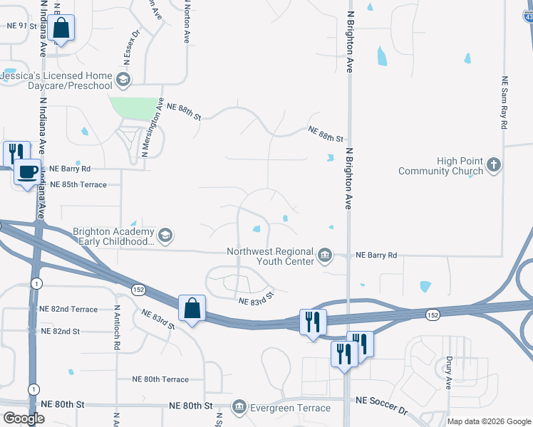 map of restaurants, bars, coffee shops, grocery stores, and more near 4508 Northeast 85th Street in Kansas City