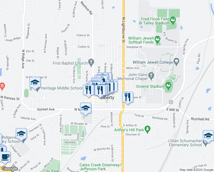 map of restaurants, bars, coffee shops, grocery stores, and more near 117 North Water Street in Liberty