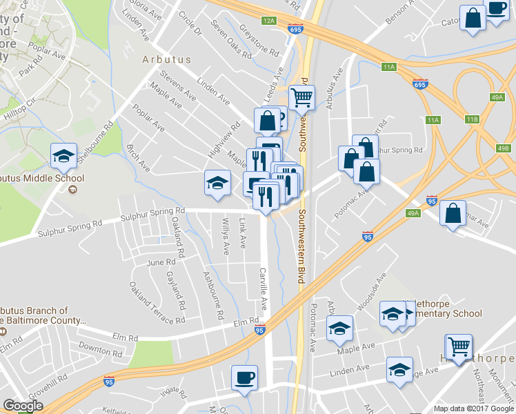 map of restaurants, bars, coffee shops, grocery stores, and more near 1332 Sulphur Spring Road in Halethorpe