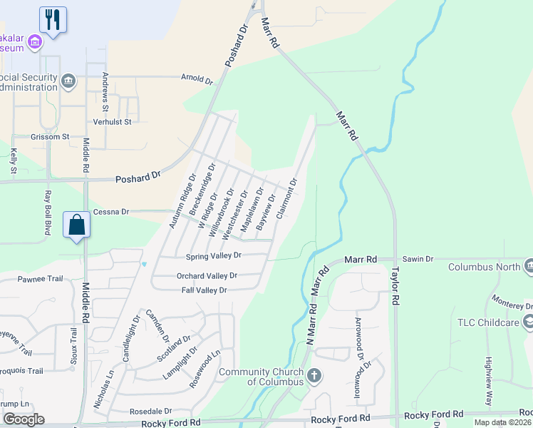 map of restaurants, bars, coffee shops, grocery stores, and more near 4667 Bayview Drive in Columbus