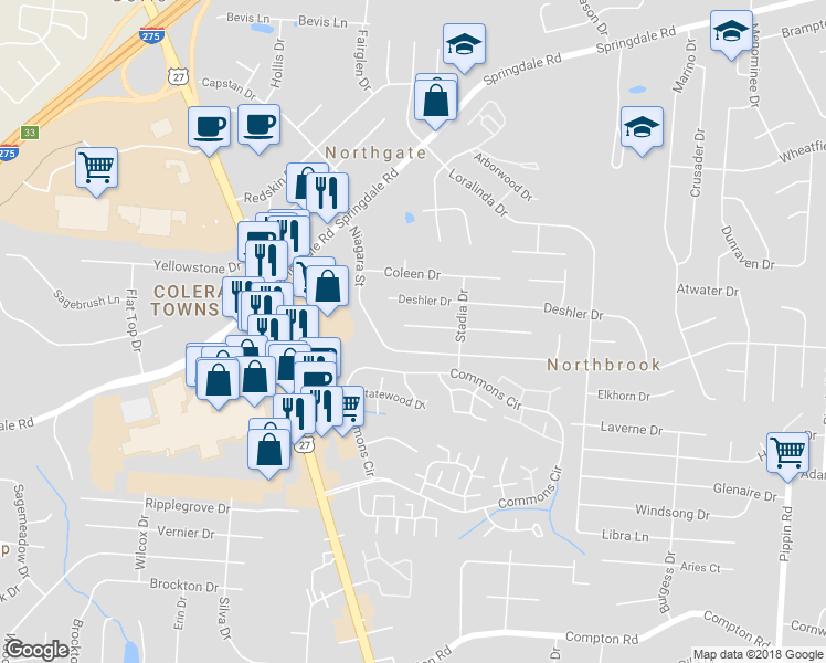 map of restaurants, bars, coffee shops, grocery stores, and more near 3369 Ainsworth Drive in Cincinnati