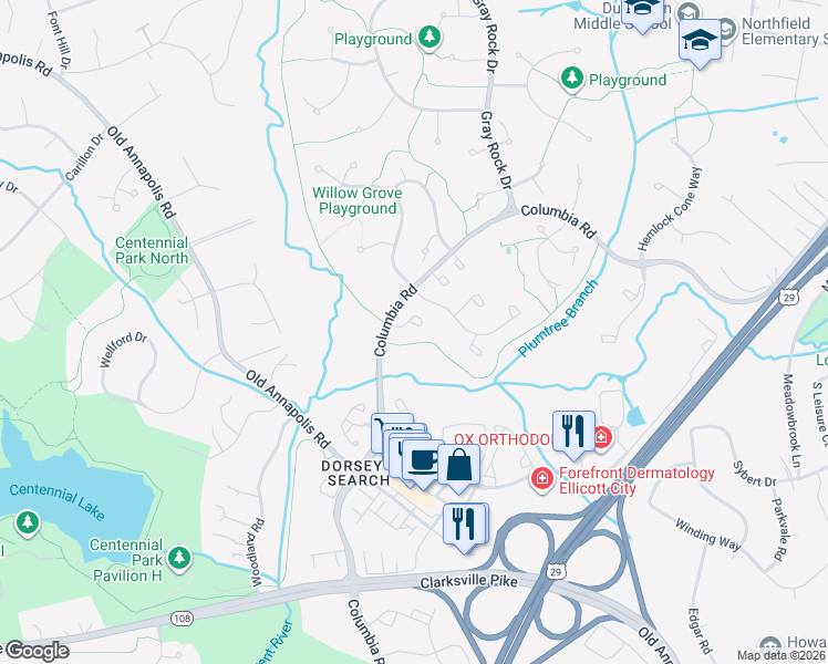 map of restaurants, bars, coffee shops, grocery stores, and more near 4722 Rams Horn Row in Ellicott City