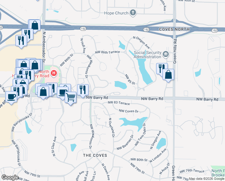 map of restaurants, bars, coffee shops, grocery stores, and more near 8430 North Overland Court in Kansas City