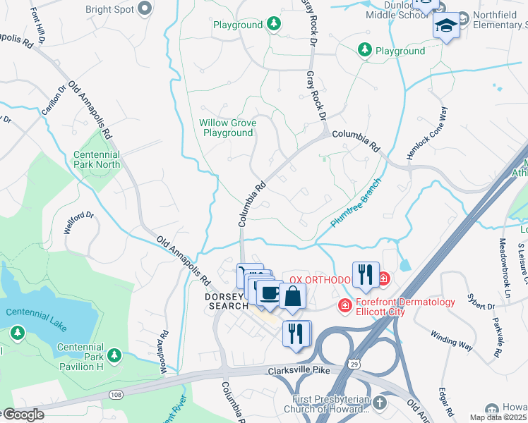 map of restaurants, bars, coffee shops, grocery stores, and more near 4722 Rams Horn Row in Ellicott City