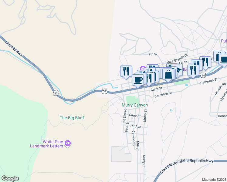 map of restaurants, bars, coffee shops, grocery stores, and more near 2 Lincoln Highway in Ely