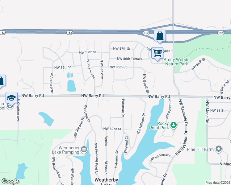 map of restaurants, bars, coffee shops, grocery stores, and more near 8401 North Crawford Avenue in Kansas City