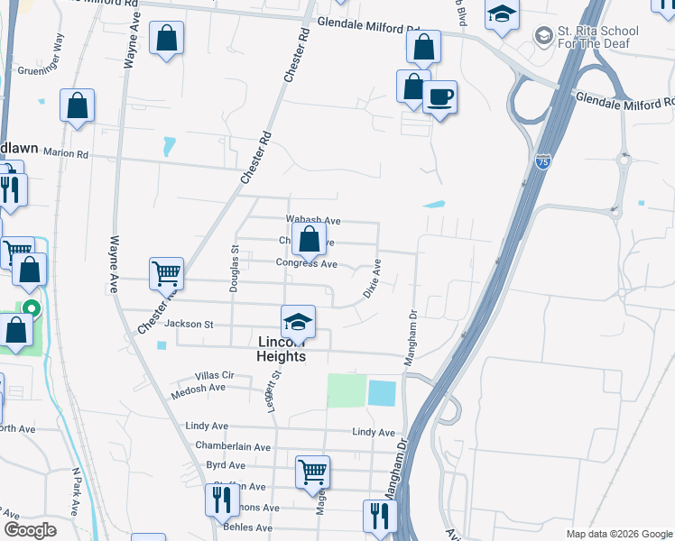 map of restaurants, bars, coffee shops, grocery stores, and more near 1201 Congress Avenue in Cincinnati