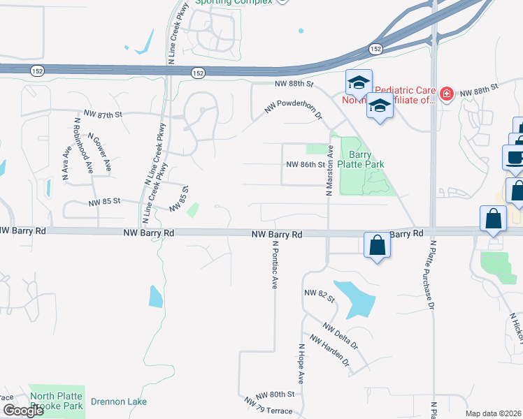 map of restaurants, bars, coffee shops, grocery stores, and more near 2608 Northwest Barry Road in Kansas City