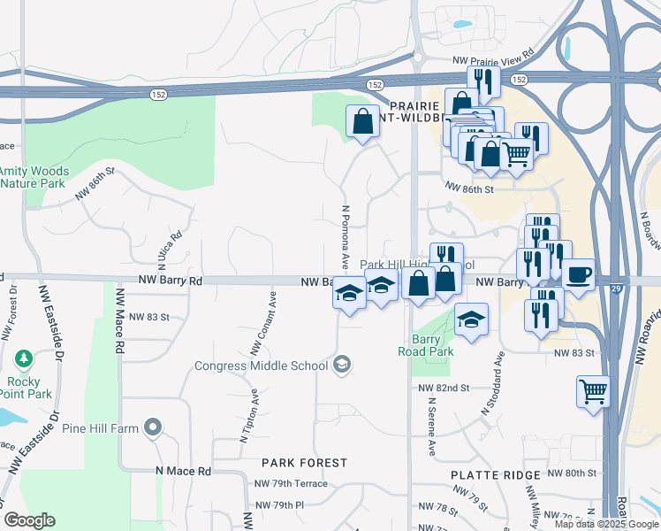 map of restaurants, bars, coffee shops, grocery stores, and more near 8405 Northwest Atkins Court in Kansas City
