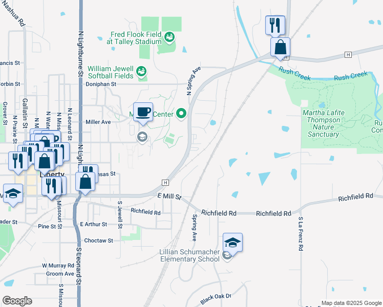 map of restaurants, bars, coffee shops, grocery stores, and more near 915 Highway H in Liberty