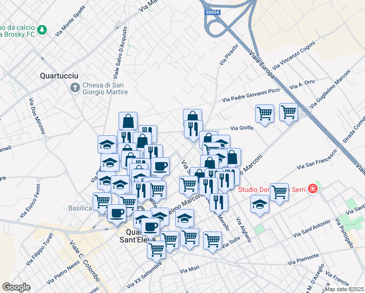 map of restaurants, bars, coffee shops, grocery stores, and more near 190 Via Cagliari in Quartu Sant'Elena