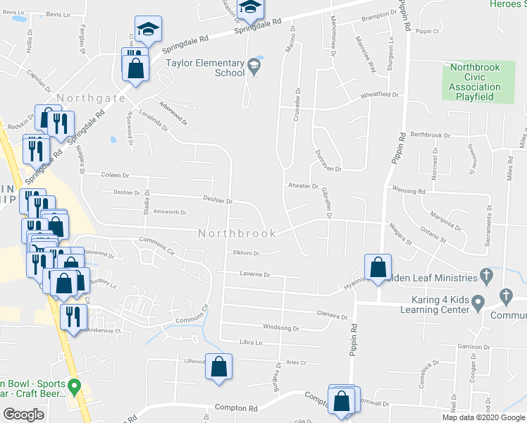 map of restaurants, bars, coffee shops, grocery stores, and more near 3128 Deshler Drive in Cincinnati