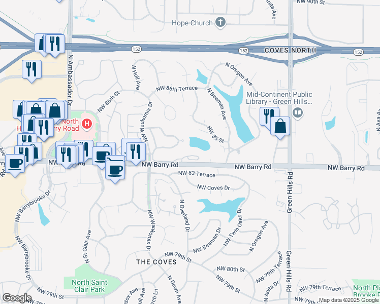 map of restaurants, bars, coffee shops, grocery stores, and more near 8430 North Overland Court in Kansas City