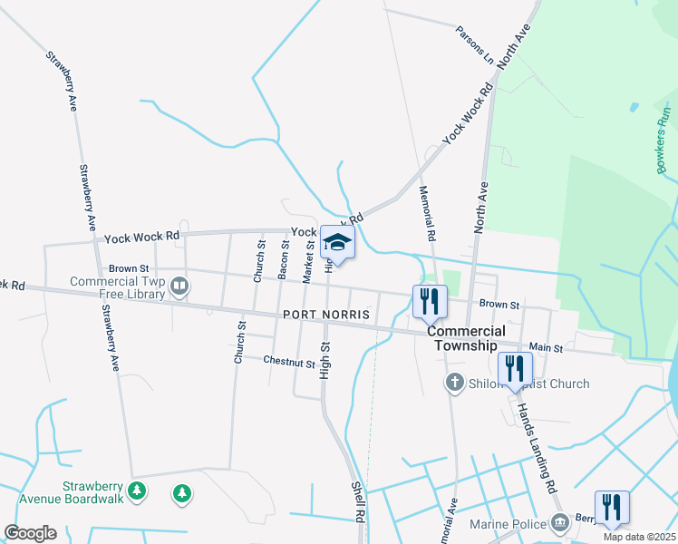 map of restaurants, bars, coffee shops, grocery stores, and more near 6812 Brown Street in Commercial Township