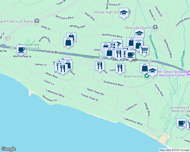 map of restaurants, bars, coffee shops, grocery stores, and more near 209 Robin Drive in Incline Village