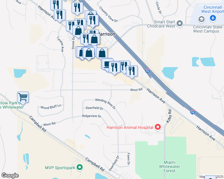 map of restaurants, bars, coffee shops, grocery stores, and more near 201 Westbrook Drive in Harrison