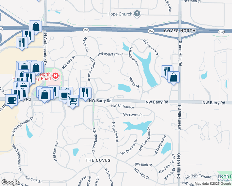map of restaurants, bars, coffee shops, grocery stores, and more near 8430 North Overland Court in Kansas City