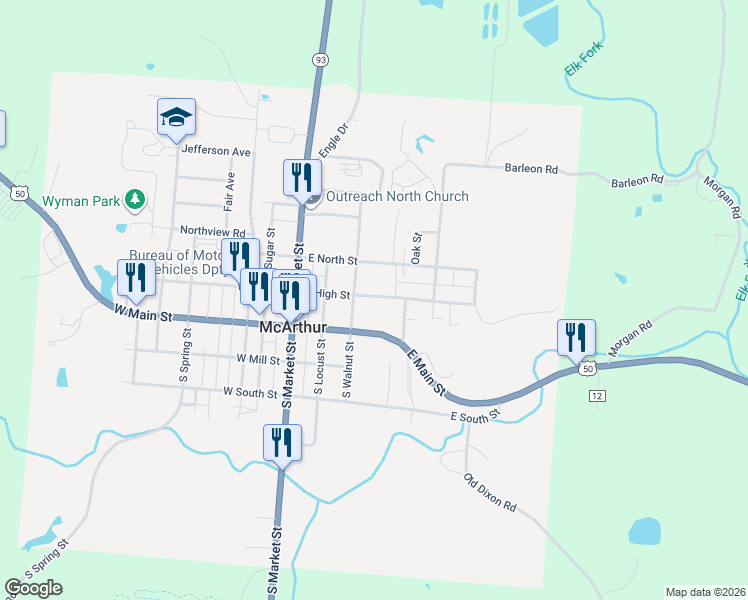 map of restaurants, bars, coffee shops, grocery stores, and more near 106 North Walnut Street in McArthur