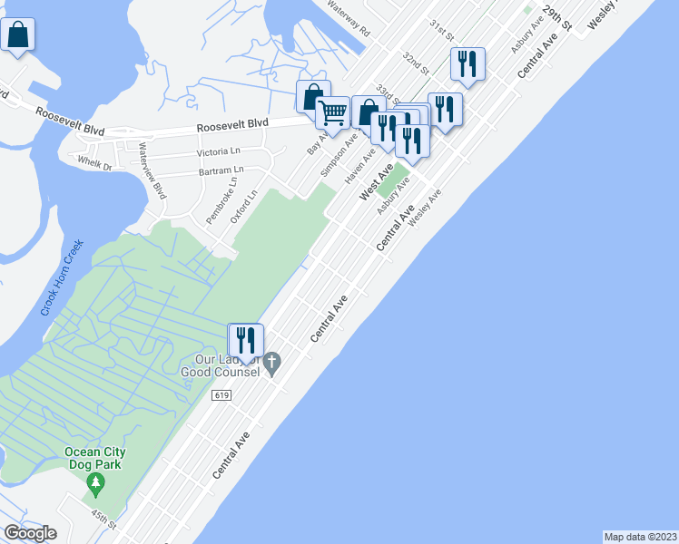 map of restaurants, bars, coffee shops, grocery stores, and more near 403 37th Street in Ocean City