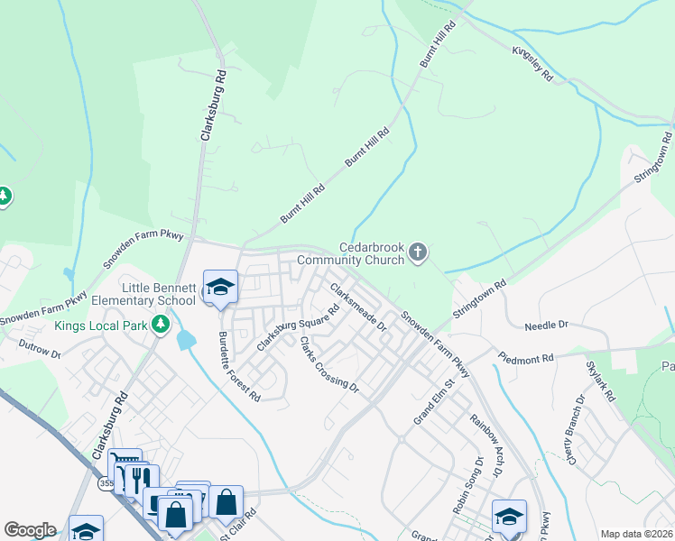 map of restaurants, bars, coffee shops, grocery stores, and more near 23706 Grapevine Ridge Terrace in Clarksburg