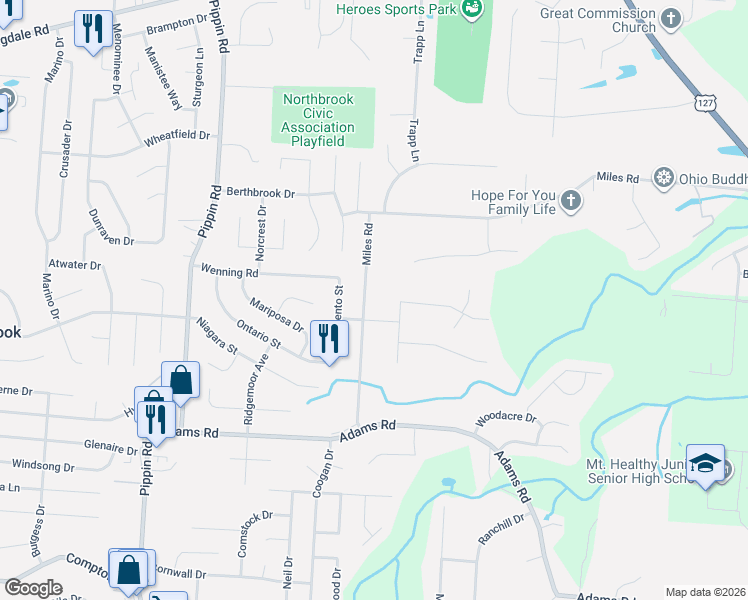 map of restaurants, bars, coffee shops, grocery stores, and more near 2269 Miles Road in Cincinnati