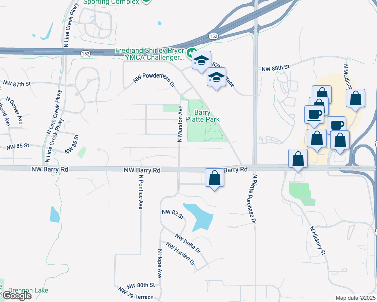map of restaurants, bars, coffee shops, grocery stores, and more near 2207 Northwest 84th Terrace in Kansas City
