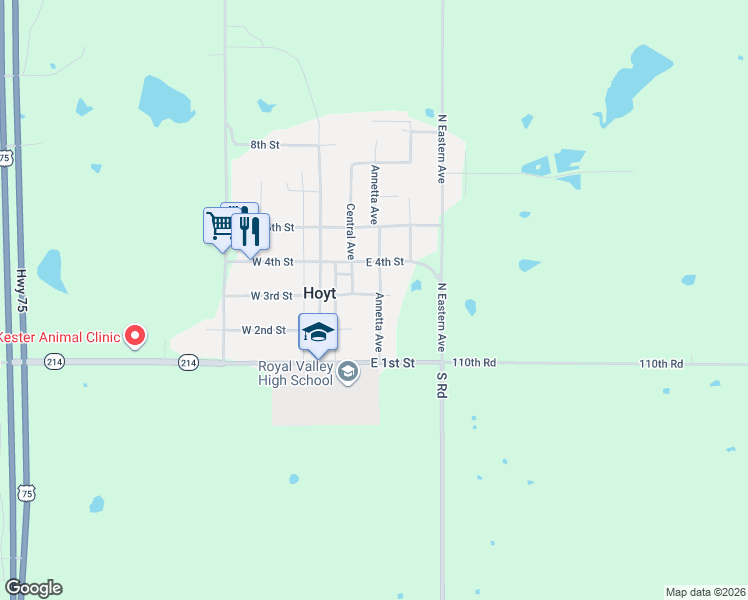 map of restaurants, bars, coffee shops, grocery stores, and more near E 3rd St in Hoyt