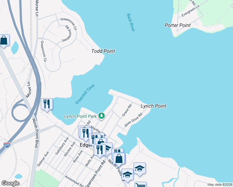 map of restaurants, bars, coffee shops, grocery stores, and more near 6990A River Drive Road in Sparrows Point