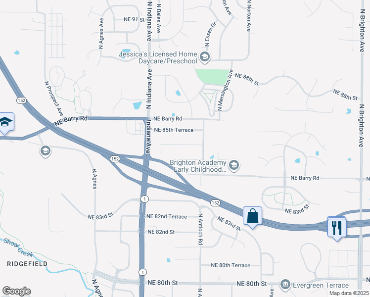 map of restaurants, bars, coffee shops, grocery stores, and more near 3617 Northeast 85th Street in Kansas City