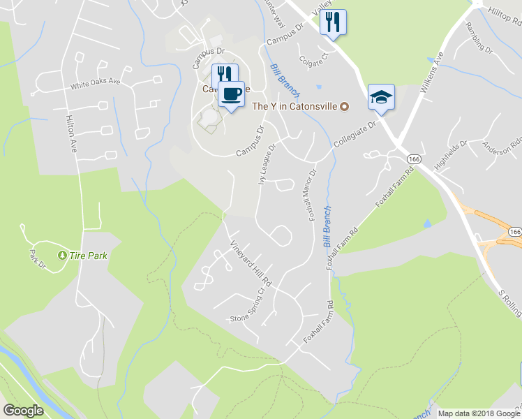 map of restaurants, bars, coffee shops, grocery stores, and more near 5919 Ivy League Drive in Catonsville