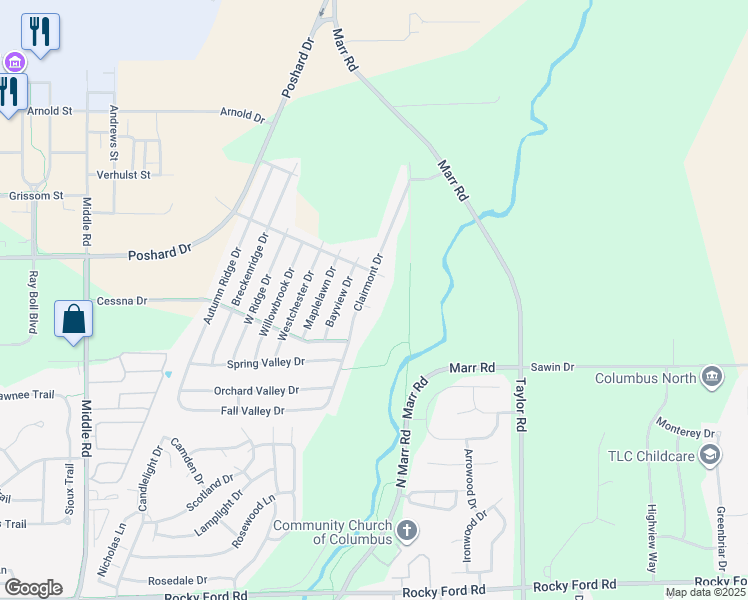map of restaurants, bars, coffee shops, grocery stores, and more near 3368 Clairmont Court in Columbus